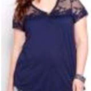 T-SHIRT, LACE YOKE & SLEEVES, ULTRA MARINE, SIZE 4X, ROUNDED V NECK, SHIRT TAIL